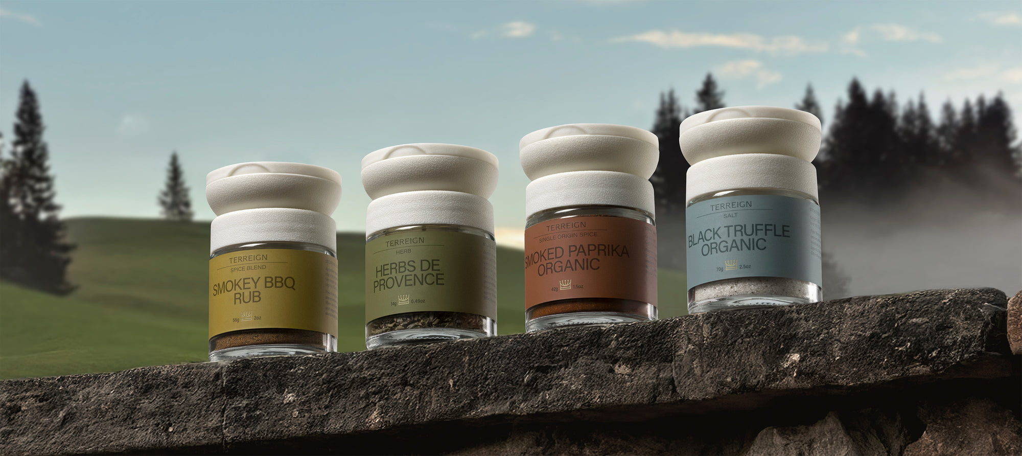 Four small jars of spices on a stone ledge with a scenic background