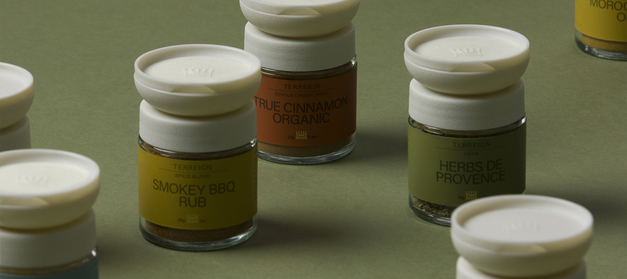 Terreign spice and herb jars in green background